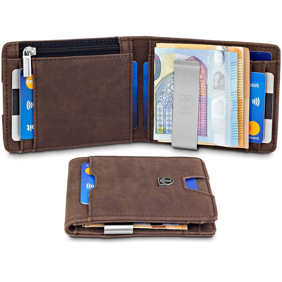 geldbeutel männer geldklammer slim portemonnaie geldbörse herren kaufen brieftasche portmonee portmonaise Geldtasche herrengeldbeutel herrengeldbörse geldscheinklammer geldclip RFID Wallet Geschenk braun klein Geschenk Turin travando karten
